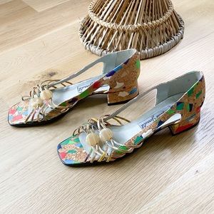 VINTAGE multi color cork open toe heel sandal